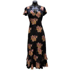 LoveShackFancy Black Floral Midi Dress Short Flutter Sleeves Size 2
